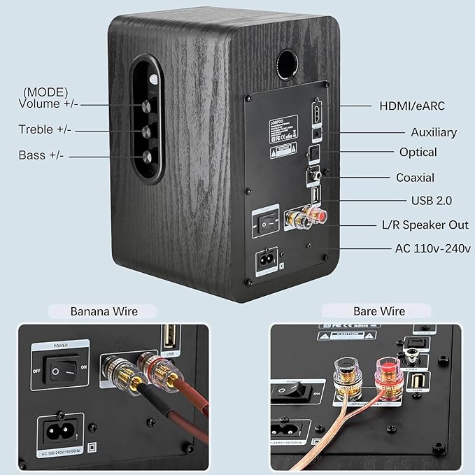 LONPOO Powered Bookshelf Speakers - Wireless 100W RMS Bluetooth with eARC - Powerful Home Music System - Home Theater Systems Studio Monitors