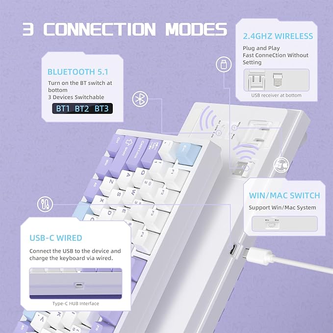 Attack Shark ajazz AK820 Pro Wireless Mechanical Gaming Keyboard TFT Display &ampKnob Hot Swappable Bluetooth 5.1/2.4G hz/Type-C Gasket-Mounted RGB Backlit Custom Keyboard for PC/Win(Purple/Gift Swit