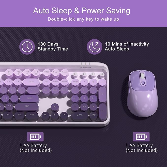 MageGee V920 Wireless Keyboard and Mouse Combo 2.4G Full-Sized Retro Typewriter Keyboard with Round Keycaps &amp Auto-Sleep Mode Cute Computer Keyboard and Cordless Optical Mouse for Laptop/PC (Pur