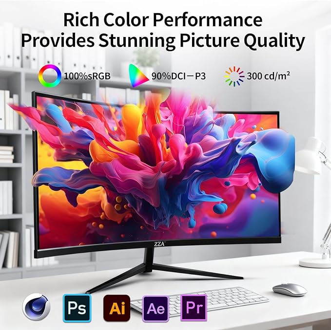 ZZA 32 4K Curved Gaming Monitor - UHD（3840 * 2160） 60Hz Computer Monitor Immersive Gaming Experience with Refresh Rate VA Panel 3000R and Adptsync Premium | HDR10 | 100% sRGB | 3840x2160