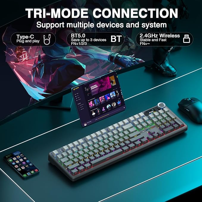 AULA F108 PRO - Wireless Mechanical Keyboard with Screen &amp KnobFull Size Keyboard with 8000mAh BatteryPre-lubed SwitchesSide Printed PBT KeycapsRGB Backlit Hot Swappable Custom Gaming Keyboard