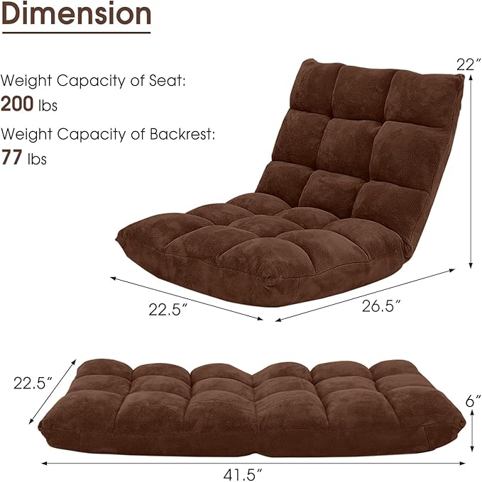 GORELAX Floor Chair with Back Support 14-Position Adjustable Folding Gaming Chair Recliner Meditation Chair with Steel Frame Padded Lazy Sofa Chair for Adults Kids (Brown)