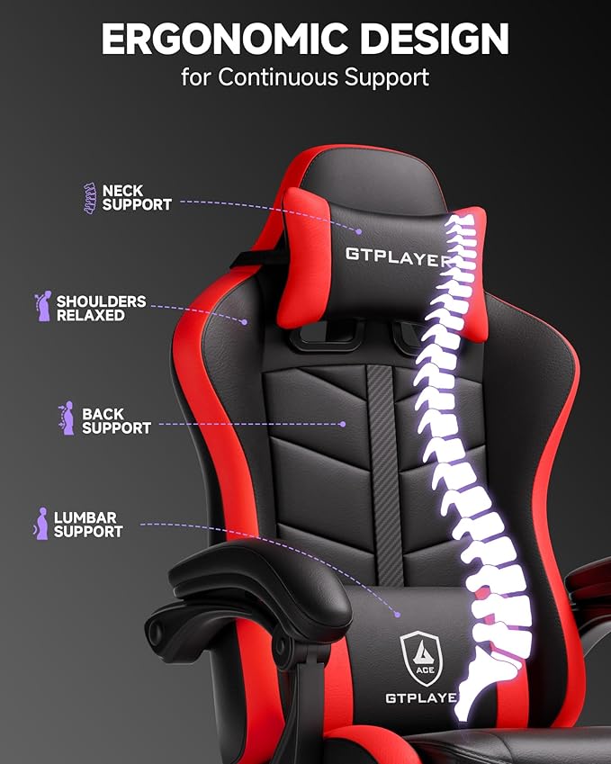 GTPLAYER Gaming Chair for Adults Ergonomic Computer Gaming Chair with Footrest Height Adjustable 90-155° Recline &amp Removable Headrest Lumbar Support Black&ampRed