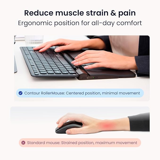 Contour RollerMouse Pro Ergonomic Central Rollerbar Design for Neck Shoulder &amp Wrist Pain Relief 6 Programmable Buttons 600-2800 DPI Productivity Plug &amp Play Mac &amp PC - Wireless - Exte
