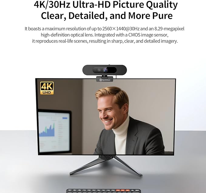 4K Webcam for PC Ultra HD Camera with Dual Microphones Fast Focus Auto Framing 92° Wide FOV Auto Light Correction 5X Zoom USB Webcam Plug and Play