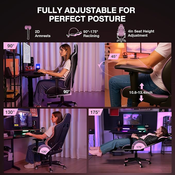 Douxlife 7-Point Massage Gaming Chair with Footrest 400lbs Heavy Duty Ergonomic Computer Chair 175° Reclining High Back Racing Seat for Adults with Adjustable Armrests &amp Lumbar Support Black Pi