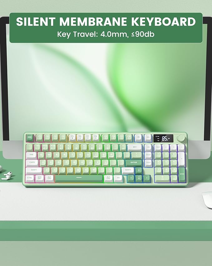 Keymatic Gaming Keyboard Wireless Creamy Keyboard with Media Knob &amp Screen Cute Keyboard Mechanical Feeling Membrane Keyboard with Number Pad RGB Backlit Tri-Mode BT/2.4GHz/USB-C - Green