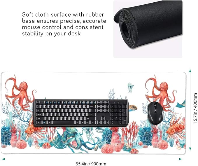 Sea Turtle Octopus Large Mouse Pad Gaming Mousepad with Wrist Support Rubber Computer Keyboard Mat for Desk Laptop Non-Slip Full Deskmat Protector Waterproof Writing Pad Office Home 16x35.5 in
