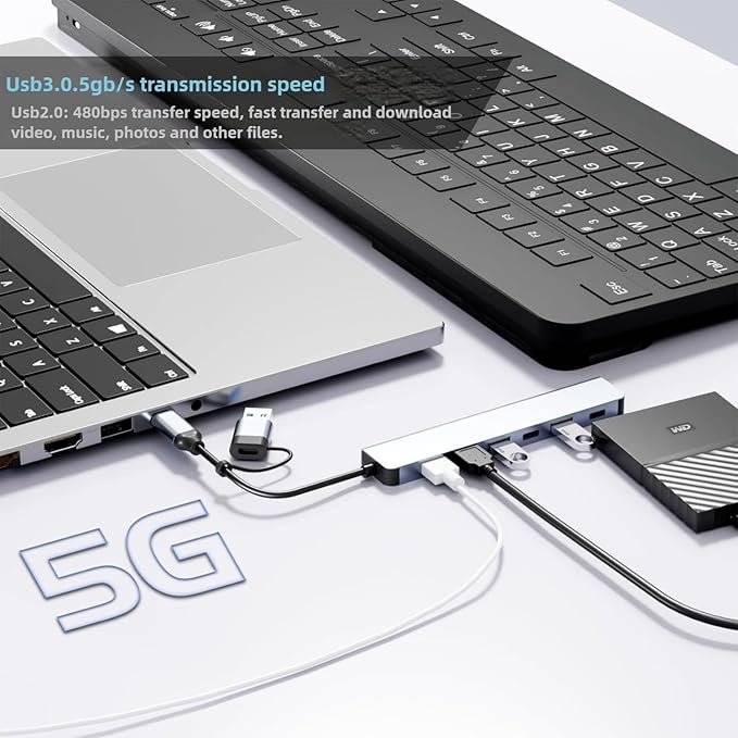 USB Hub 8 in 1 USB A/C to USB 3.0 USB 2.0 8 Ports Portable USB Splitter USB Docking Station Extender USB3.0 Audio Compatible with LaptopPC Phones