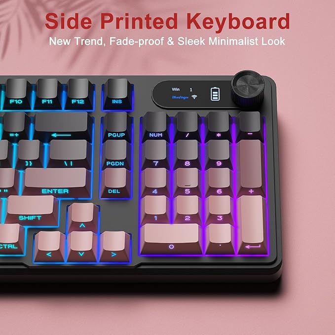 BlueFinger Wireless Gaming Keyboard RGB Backlit Tri-Mode Bluetooth/2.4G/USB-C 98 Keys Quiet Keyboard with Number Pad Volume Knob &amp Screen Side Printed PBT Keycaps for PC/Mac/Laptop