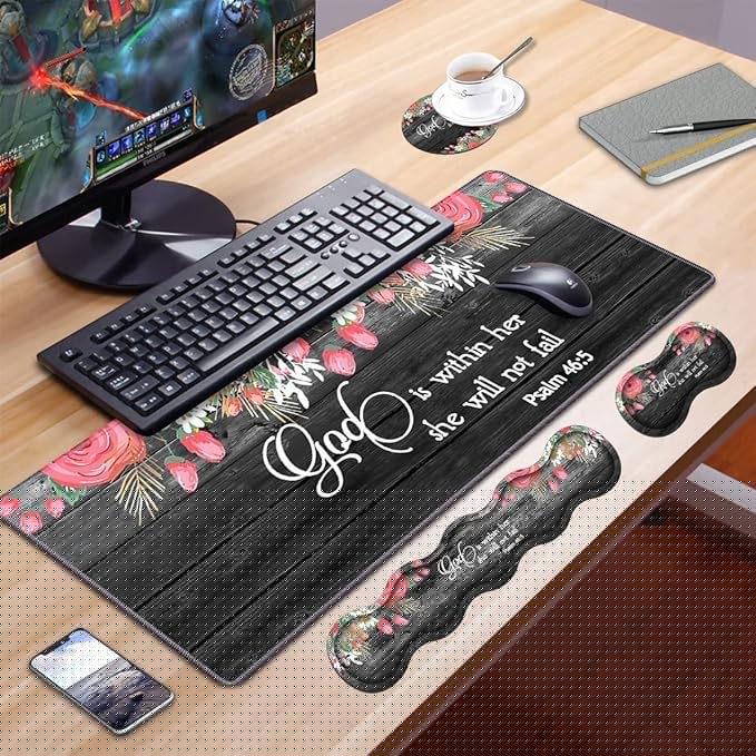 Ergonomic Keyboard Wrist Rest &amp Mouse Pad Wrist Rest SetLarge XXL Gaming Desk Mat 31.5x 11.8Non-Slip Base Memory FoamEasy Typing Pain Relief for Office &amp HomeFloral Quote Bible Verse Ps
