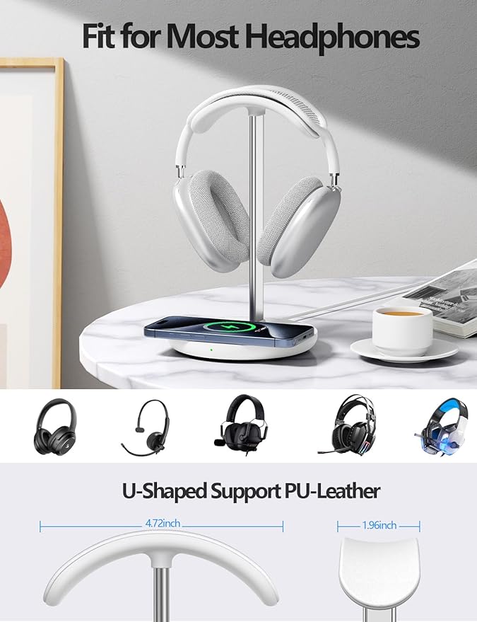 Miroddi Headphone Stand with Wireless Charger Independent USB Charging Port 5 in 1 Charging Station Headset Holder Rack for AirPods Max/Pro/4/3/2 iWatch iPhone Samsung and Desk Headphones White