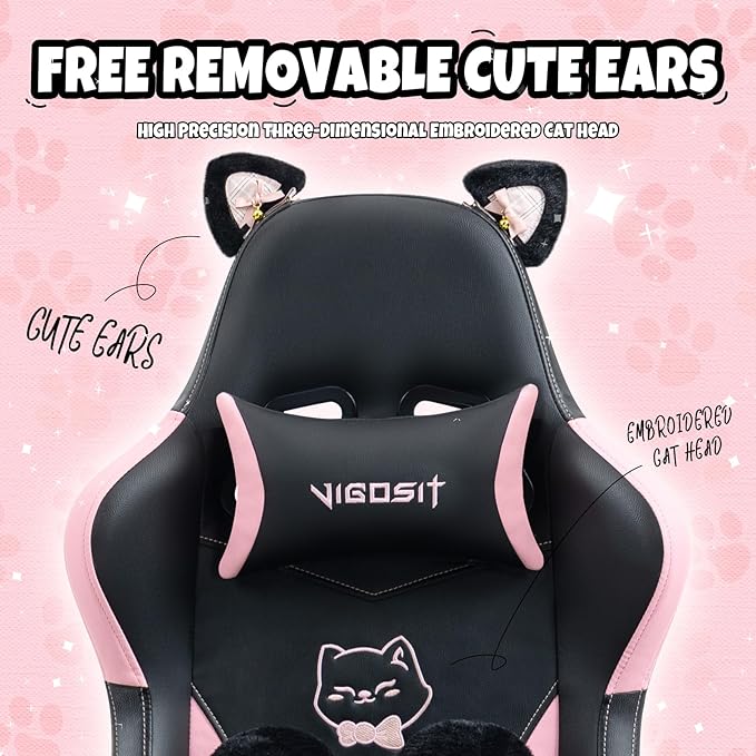 Cute Gaming Chair for Girl Ergonomic Cat Computer Chair with Armrests High Back Video Game Chairs with Footrest and Massage Lumbar Support for Teen &amp Woman Adjustable Height (Black+Pink)