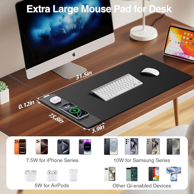 Magnetic Wireless Charging Mouse Pad 31.5x15.8 Large Gaming Desk Mat for Keyboard/Laptop Non-Slip Base &amp 20W PD Adapter Waterproof Ultra-Smooth Surface Mousepad for Gamer Office &amp Home