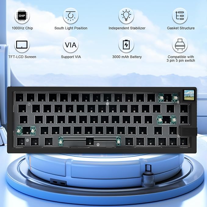 GMK67S Keyboard Barebones Kit65% Gasket Mount Hot Swap PCB Tri-Mode BT5.0/2.4G/Type-C Wireless Mechanical Keyboard with TFT-LCD Screen VIA Programmable Custom RGB Gaming Keybaord DIY Kit (Black)