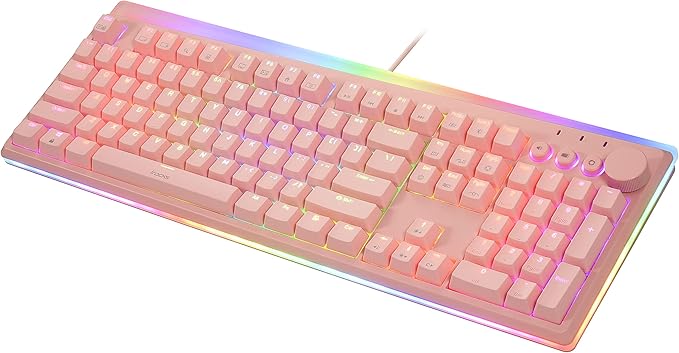 i-rocks K71M RGB Mechanical Gaming Keyboard with Media Control Knob Switches (Blue) 107 Keys w/Full NKRO PBT Keycaps Multimedia Hotkeys Detachable USB-C Cable and Onboard Storage Pink