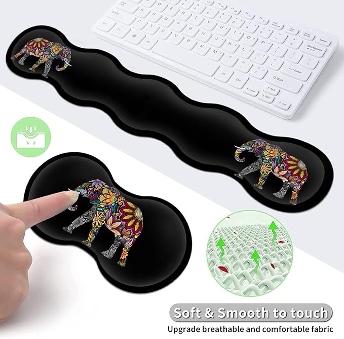 Gaming Mouse Pad XXL Large Desk Mat Non-Slip Rubber Mice Stitched Edges(31.5x11.8 in) Ergonomic Memory Foam Keyboard Wrist Rest Cute Funy Anime Cartoo Colorful Elephant Black Extended Mouse Pad Set