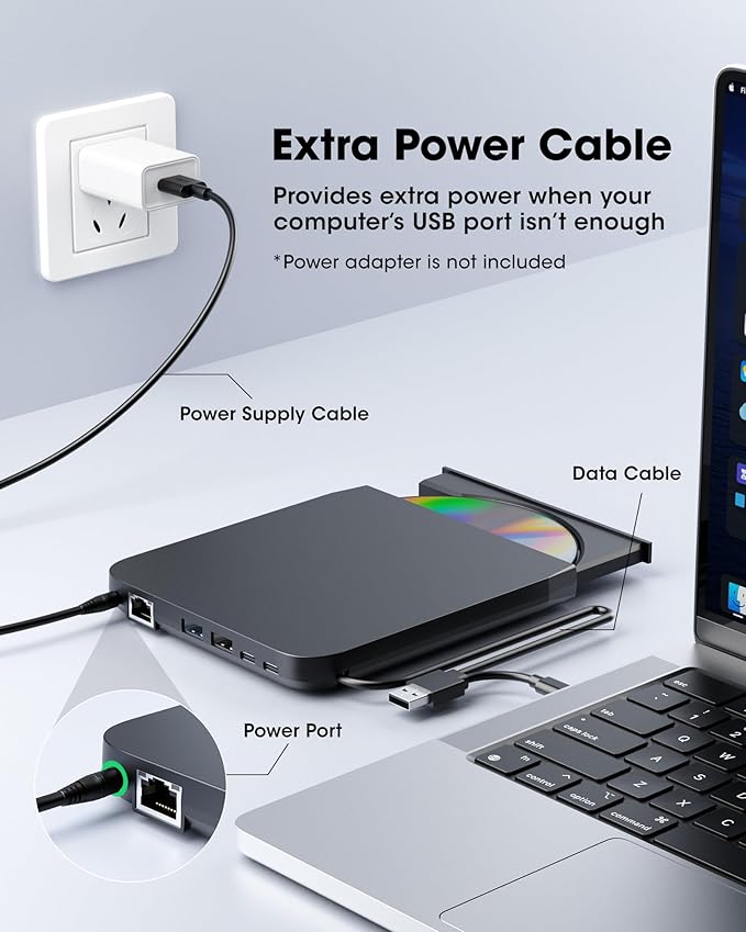ROOFULL New USB 3.0 External CD DVD Drive with Ethernet Adapter USB-A/C Ports SD/TF Card Slot Carrying Case USB-C CD DVD Reader Burner Writer Player Optical Disc Drive for Windows &amp Mac Laptop