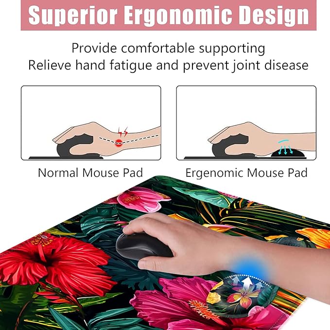 Large Keyboard Mouse Pad Set Extended Mouse Pad+Keyboard Wrist Rest Support Memory Foam Ergonomic Easy Typing 4Pcs (31.5×11.8 in) Desk Pad Set for Office HomeVibrant Tropical Flower