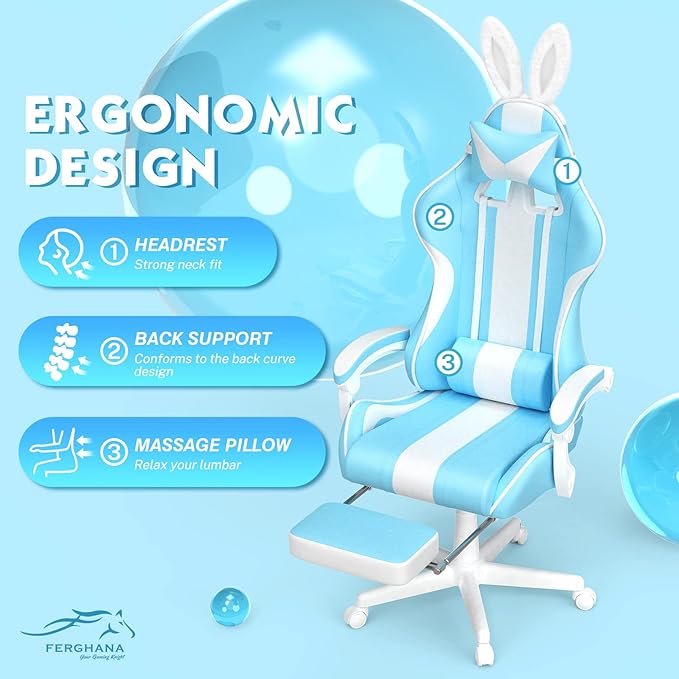 Ferghana Blue Gaming Chair with Bunny Ear Cute Massage Gaming Chairs for Adults &amp Teens Office PC Gamer Chair with Footrest Kawaii Computer Game Chair for Girls Racing Reclining Silla Gamer