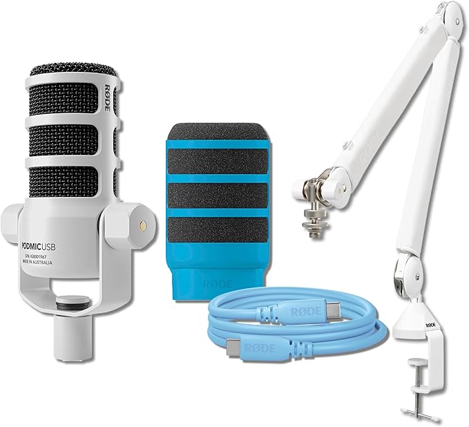 Rode PodMic USB White with Rode PSA1+ White Bundles (Blue Bundle)