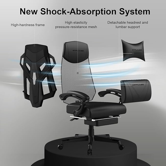 GTPLAYER Gaming Chair Computer Chair with Mesh Back Ergonomic Gaming Chair with Footrest Reclining Gamer Chair with Adjustable Headrest and Lumbar Support for Gaming and Office (Black)