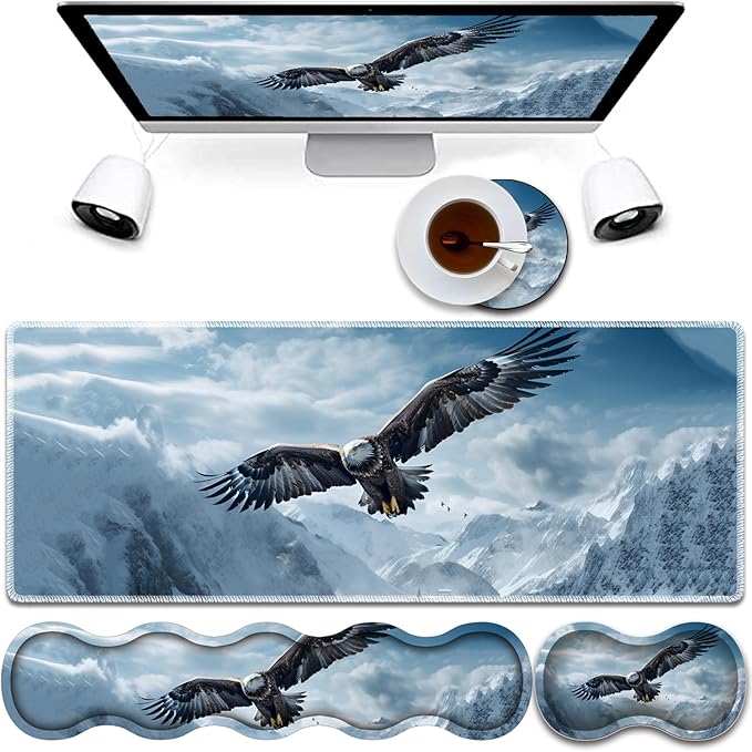 4 in 1 Mouse Pad Combo Large Gaming Mouse Pad + Keyboard Wrist Support + Mouse Wrist Rest + Coaster Table Pad 31.5 x 11.8 with Memory Foam Ergonomic Wrist Pad Set Eagles in The Sky