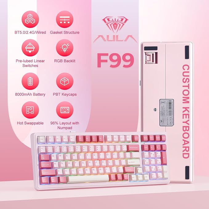 Aula F99 Mechanical Keyboard Pink Wireless Gaming Keyboards Hot Swappable Custom Creamy Computer Keyboard Full Size Tri-Mode BT5.0/2.4GHz/USB-CRGB BacklitGasket StructureStrawberry Mint Switch