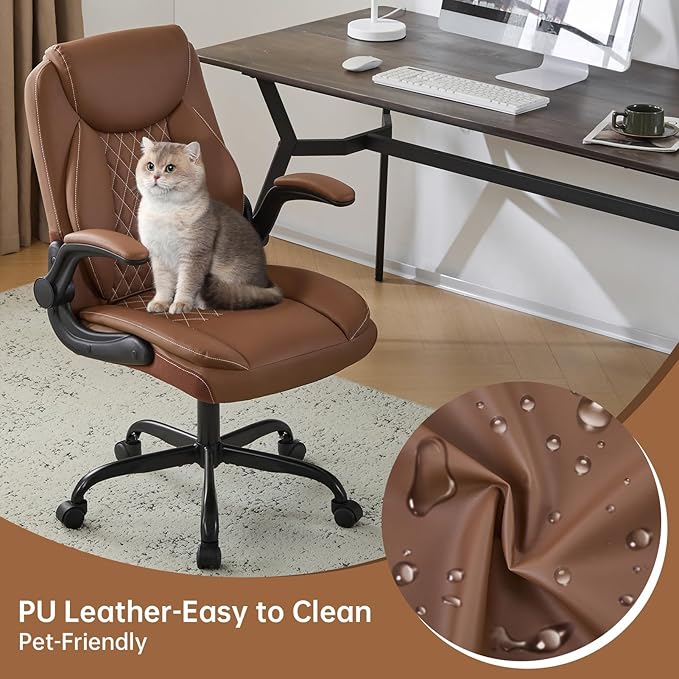 YFO Leather Office Ergonomic Home Office Desk Chair Back Support Swivel Executive Office Chair with Wheels and Flip-Up Armrests Small Gaming Chair with Adjustable Rocking Function Brown