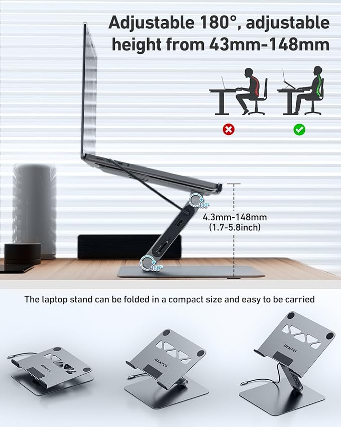 BENFEI Laptop Stand with USB C 7in1 Docking StationHDMI 4K@60Hz1*SD 1*Micro SD100W Power Delivery10Gbps 1*USB C 3.2 and 2*USB A 3.2 Compatible with MacBook Pro/Air iPad Pro XPS Thinkpad