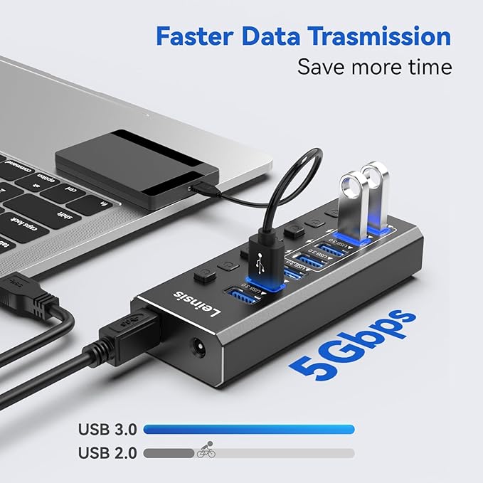 Powered USB Hub 3.0 Leinsis 7-Port USB 3.0 Hub [Durable Aluminum] 7 Data Transfer Ports+ 4 Smart Charging Ports with Individual On/Off Switches USB Hub 3.0 Powered with Power Adapter for Laptop PC