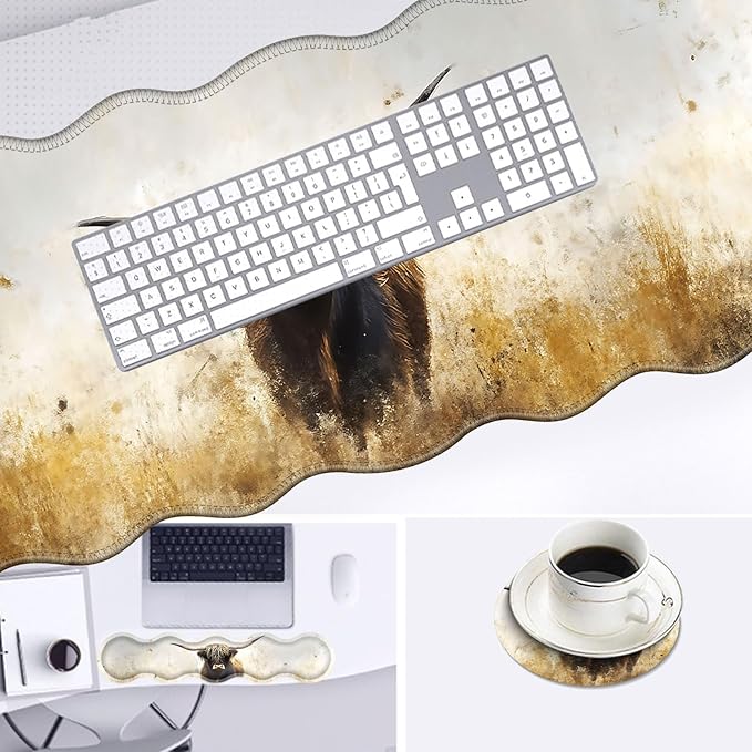 Large Mouse Pad and Keyboard Wrist Rest Desk Pad for Keyboard and Mouse 4-in-1 Large Gaming Mouse Pad with Wrist Support Desk Mat for Home Office Study Game-Vintage Highland Cow