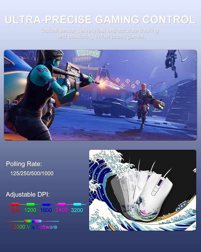 COSTOM Womier G705 USB Wired Gaming Mouse for PC Computer Windows Mac Laptop Lightweight Silent RGB Backlit Mouse with Adjustable 12000DPI/7 Programmable Side ButtonsWhite Kanagawa Theme
