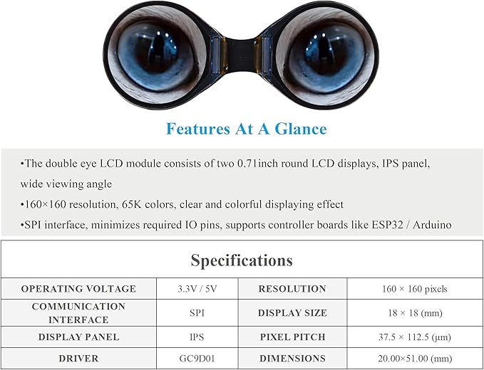 0.71inch Double Eye Round LCD Display Module Compatible with Raspberry Pi Pico/Pico W ESP32 / Arduino 160x160 Resolution IPS Panel 65K Colors SPI Interface