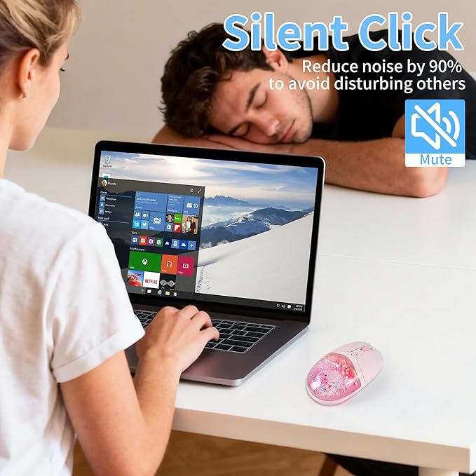 Wireless Mouse with Liquid Quicksand Sequins 2.4GHz &amp Bluetooth Dual Mode Rechargeable Silent Cute Aqua Mouse with LED Light Portable Water Mice for Laptop PC Tablet MacBook Kids Adults Gift (Pink