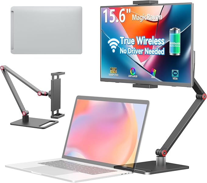 Wireless Portable Monitor for Laptop 15.6 Portable Monitor with Battery-1080P FHD Second Screen for Home &amp Office AirPlay &amp Miracast Casting No Cables or Drivers Needed(with Stand)