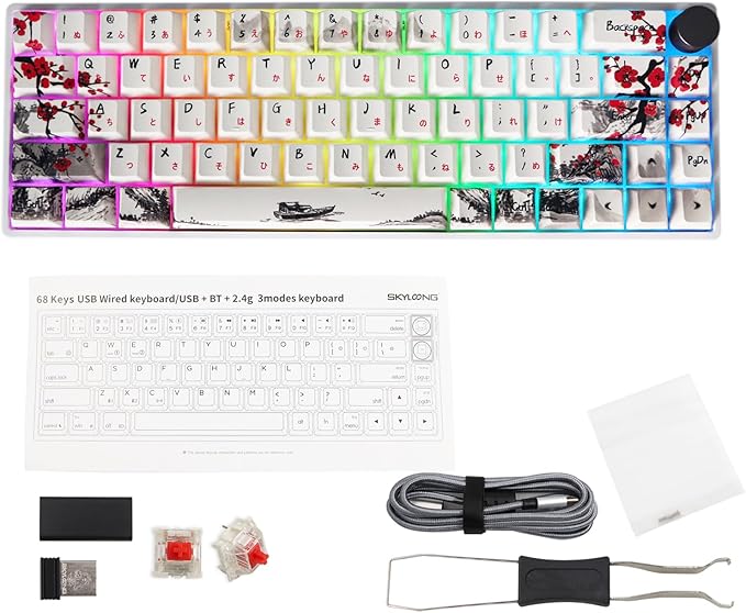 MOLGRIA GK68 68-Key RGB Backlit Gaming Keyboard with Plum Blossom Keycaps Hot Swappable Red Mechinery Switches Triple Mode Connection with Knob Mechanical Keyboard for Win/Mac OS