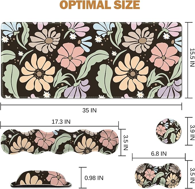 ARTSO Keyboard Wrist Rest Large Mouse Pad Wrist SupportBlack Floral 4in1 Keyboard Pad Desk MatErgonomic Memory Foam Wrist Support Cushion for Home Office