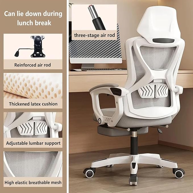 Computer Chair with Footrest Headrest and Backrest 90-135 AdjustableWheels 360 Swivel Pc Gaming Chair Breathable Meshfor Home/Study/WorkingWhite+Black