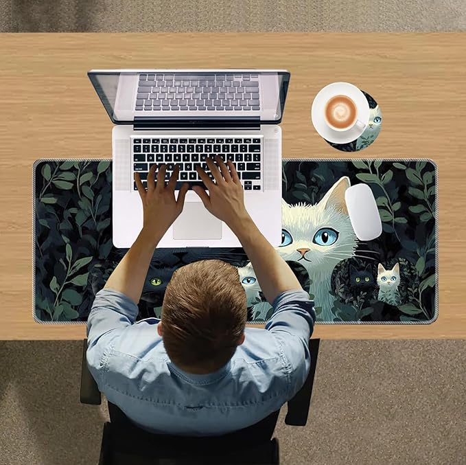 Large Mouse Pad Wrist Support SetDesk Pad+Keyboard Wrist Rest+Mouse Pad Wrist Support+Coaster4in1 XXL Big MousepadErgonomic Design Gaming Mat for Home Office TableCat in The Grass