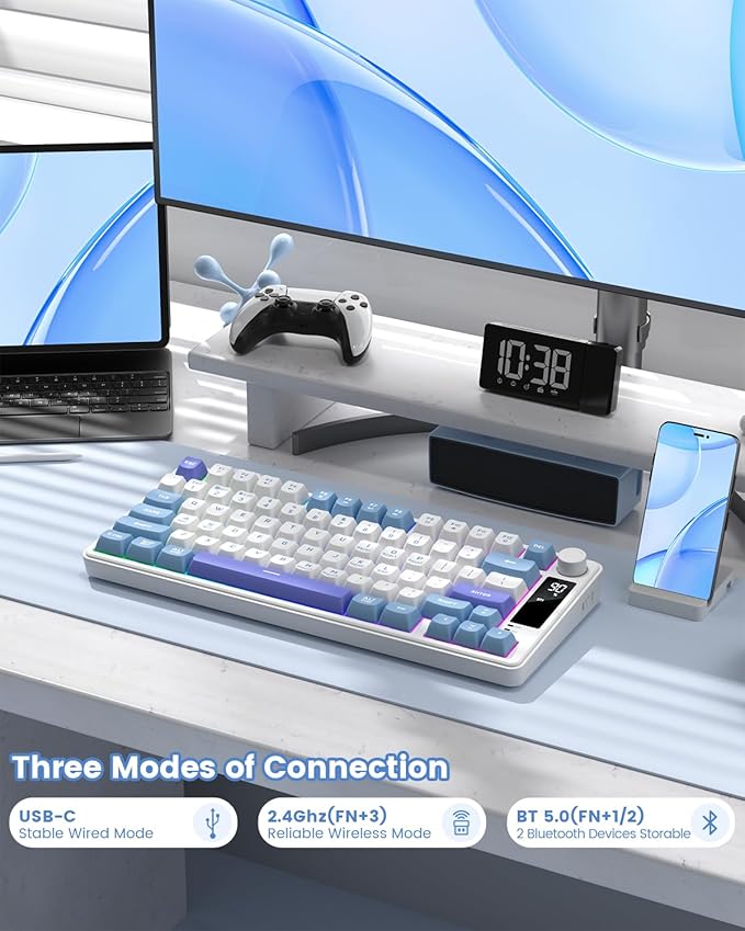 Womier DK75 75% Wireless Gaming Keyboard RGB Backlit Creamy Keyboard with Multifunction Knob &amp Screen Tri-Mode 2.4GHz/USB-C/BT5.0 Anti-Ghosting No-Conflict Silent Membrane Keyboard for MAC Wind