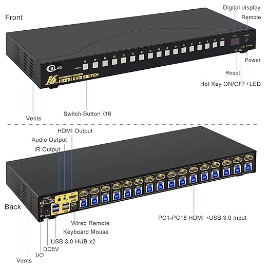 CKLau 16 Port Rack Mount USB 3.0 KVM Switch HDMI 4K60Hz with Audio Cables and 2 pcs USB 3.0 Hub for 16 Computers Sharing Single Monitor Supports Hotkey Switching