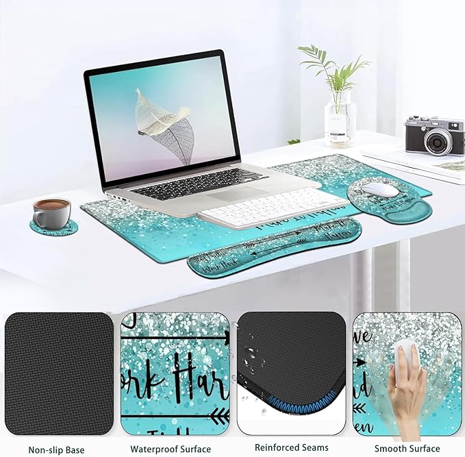 Large Mouse Pad Ergonomic Mouse Pad with Wrist Rest and Keyboard Wrist Rest 4 in 1 Set 31.5 x11.8 inch Extended Desk Pad for Home Office Work Hard Inspirational Blue Gradient XXL Gaming Mouse Mat