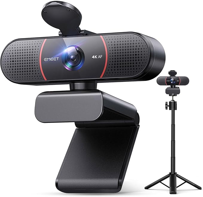 EMEET C960 4K Webcam with Tripod 4K UHD Sony Sensor 3 Adjustable Height Mini Tripod w/Privacy Cover PDAF Auto Focus Dual Noise-Cancelling Mics Auto Light Correction Perfect for Online Meetings