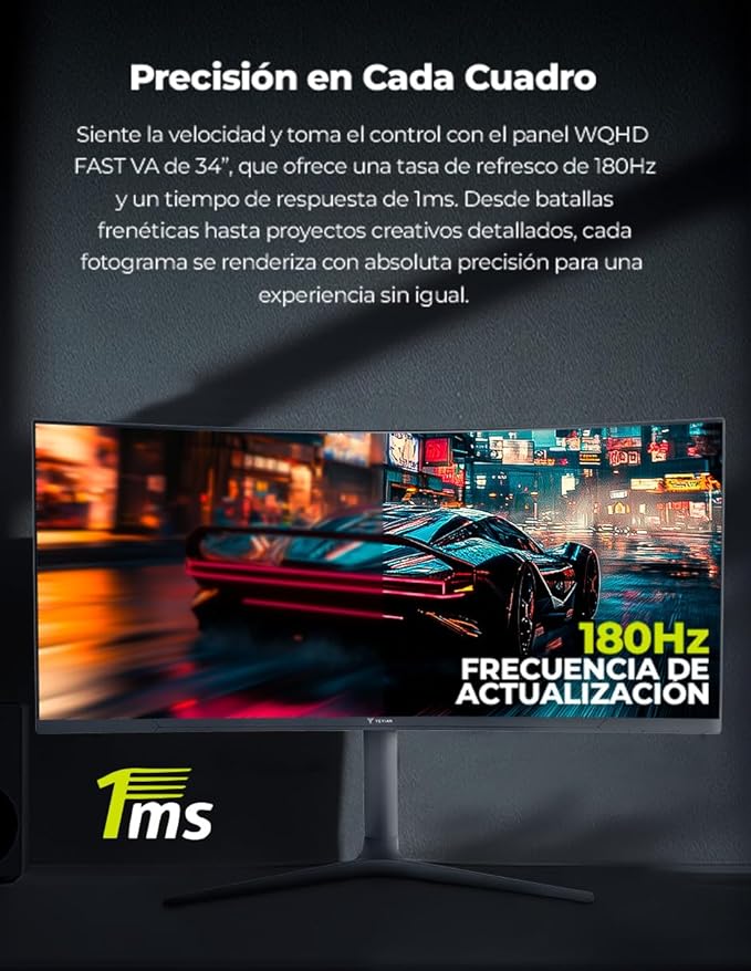 YEYIAN 34” Ultrawide Curved Gaming Monitor 180Hz 1ms WQHD 3440×1440 1500R VA Panel sRGB 129% DCI‑P3 92% FreeSync HDR10 HDMI×2 DP1.4×2 Tilt Adjustable