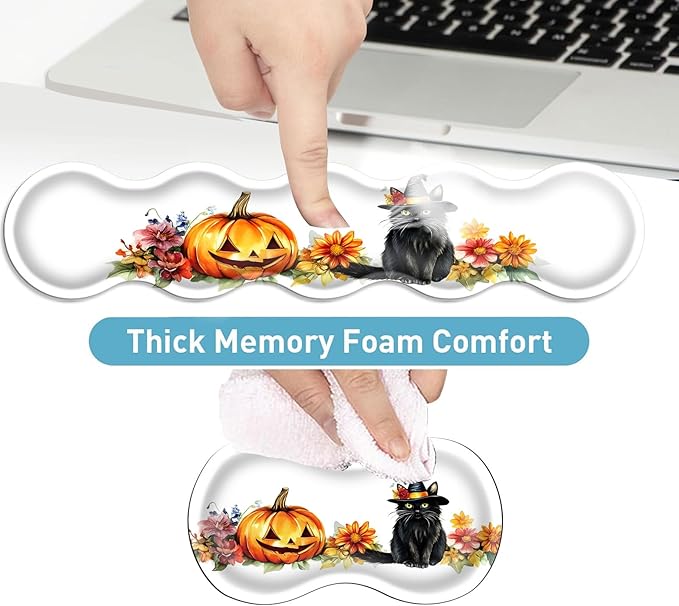 Keyboard Mouse Pad Set Extended Gaming Mouse Pad+Ergonomics Keyboard Wrist Rest Support Memory Foam Easy Typing Pain Relief 4Pcs XL Ultra Thick Desk MatHalloween Pumpkin Black Cat