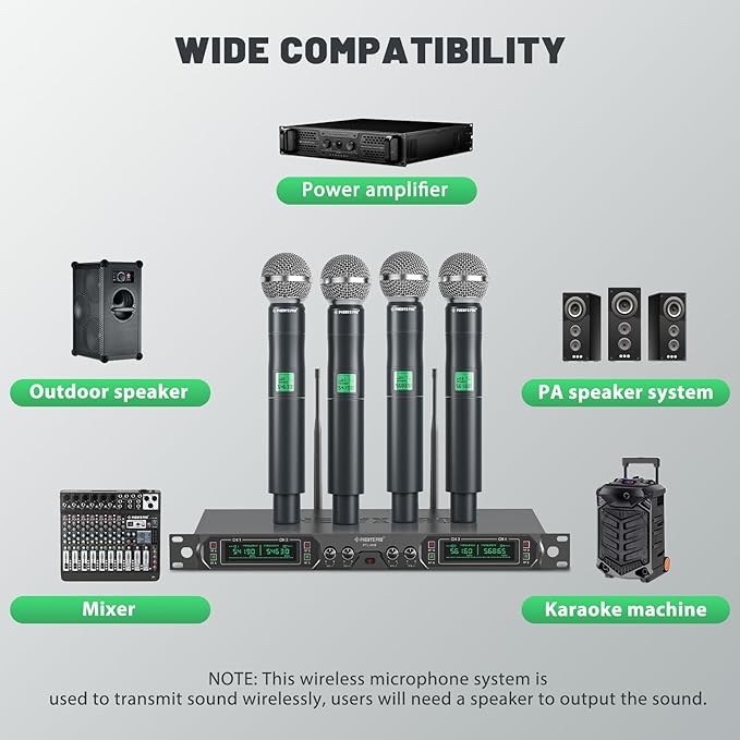 Phenyx Pro Wireless Microphone System 4-Channel UHF Wireless Mic Fixed Frequency Metal Cordless Mic with 4 Handheld Dynamic Microphones 260ft Range Mics for Singing Church(PTU-5000-4H)