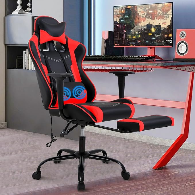 High Back Gamer Chair Adjustable Computer Gaming Chair Leather Lumbar Support Chair with Headrest and Footrest Ergonomic Rolling Office Desk Chair Game Chair for Adults Teens Kids Men Women Red