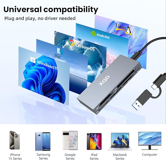 10Gbps XQD Card Reader 8 in 1 Multi-Card Reader USB C for Sony G/M Series Lexar 2933x/1400x USB Mark XQD Card/CF/XD/MS/TF/SD Memory Card Reader/Writer/Hub USB 3.2 for Windows/Linux/Mac OS/Android