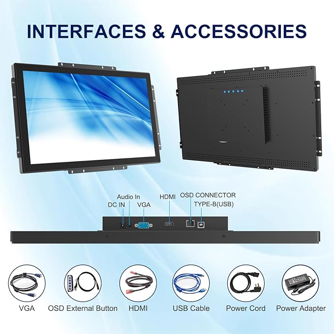21.5 Inch FHD Capacitive Touch Screen Monitor10-Point Multi-Touch Industrial Display with HD-MIVGAVESA Mounting Open Bracket InstallationOpen Frame Touch Monitor